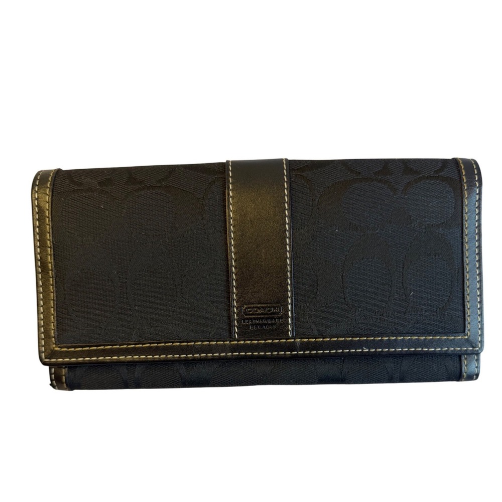 Coach Signature Jacquard Slim Envelope Long Wallet Black Leather Trim Snap Close - Picture 4 of 8